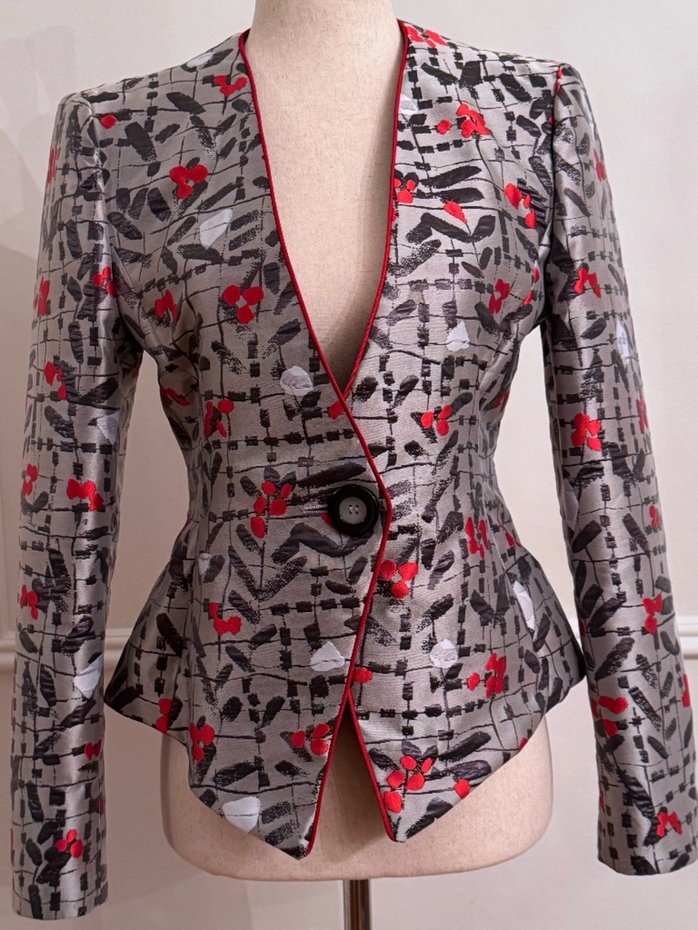 Emporio Armani Metallic Jacquard Lurex Knit Collarless Statement Blazer US 4